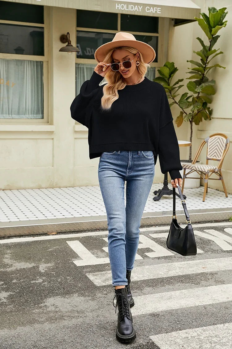 Women Loose Cropped Round Neck Knit Pullover Sweater