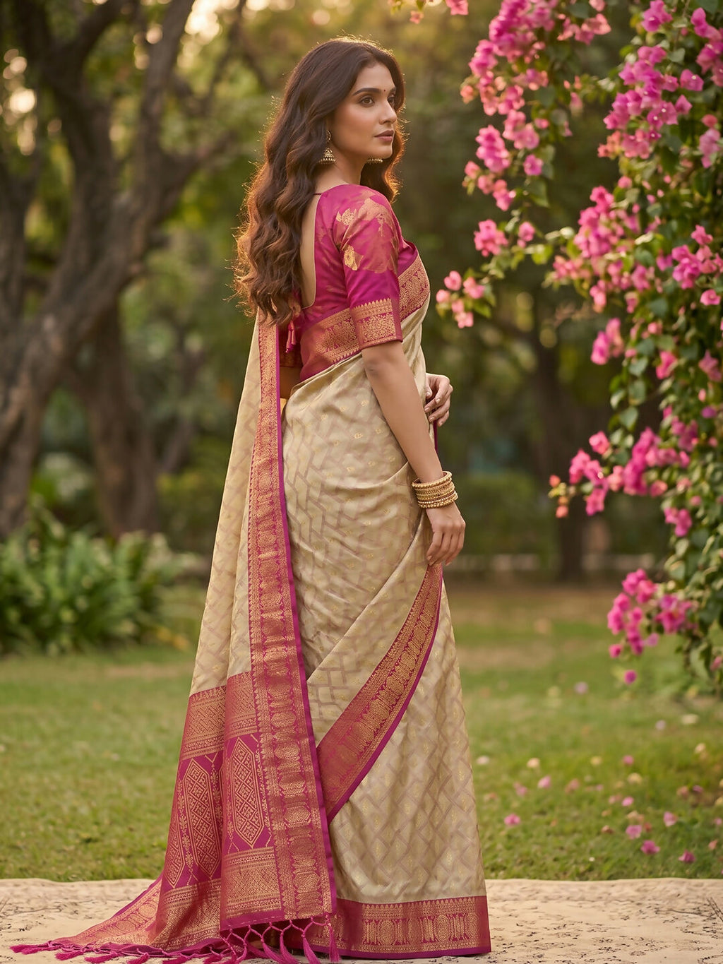 Chiku and Pink Cotton Saree with Matching Blouse Piece