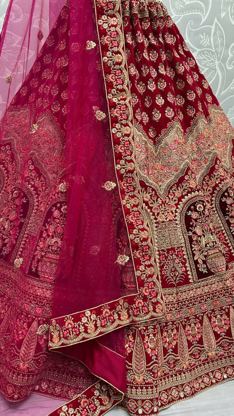 Rani Pink Velvet Wedding Lehenga Choli with Zircon Diamond Work