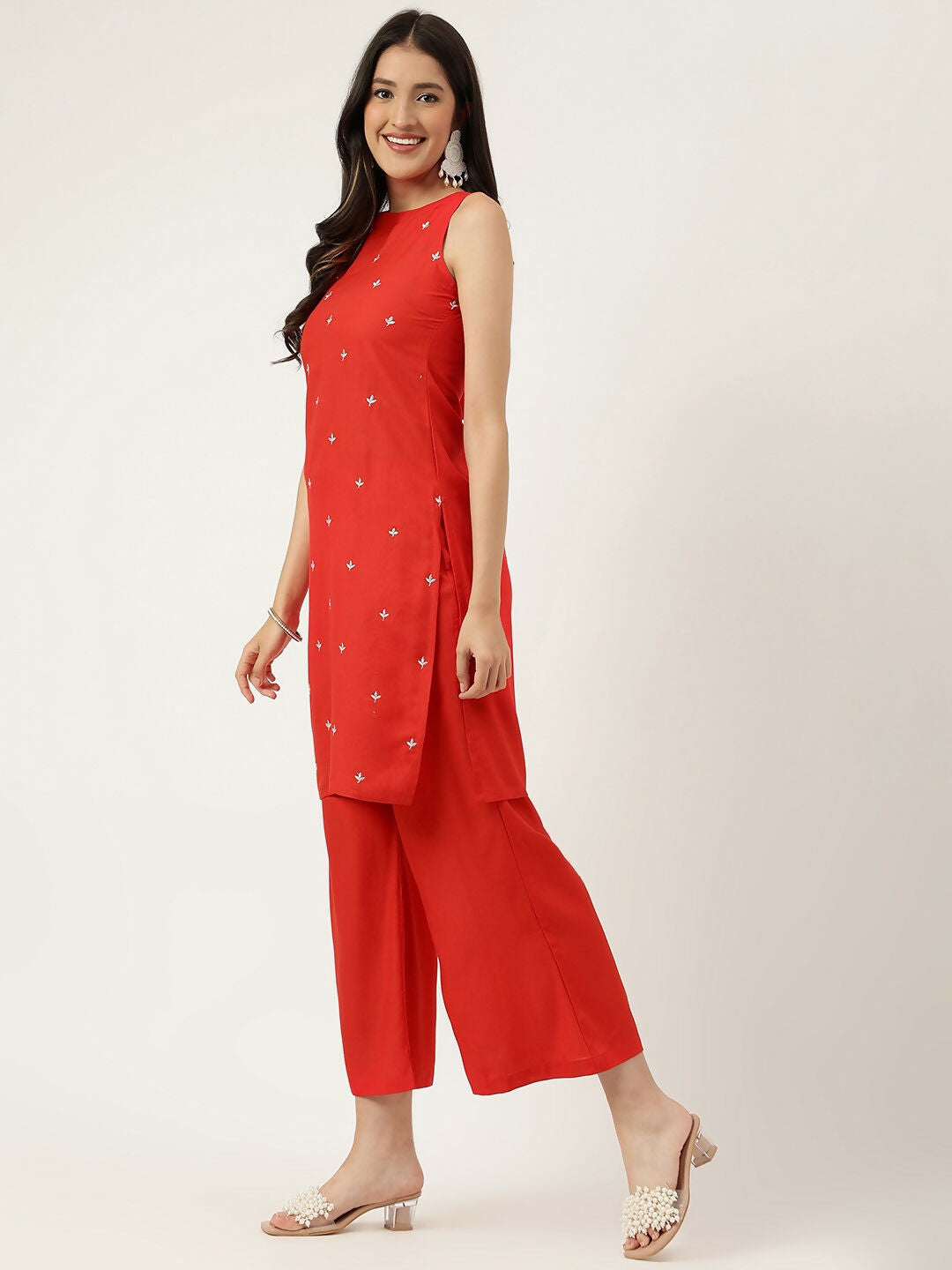 Red Rayon Embroidered Straight Kurta and Bottom Set