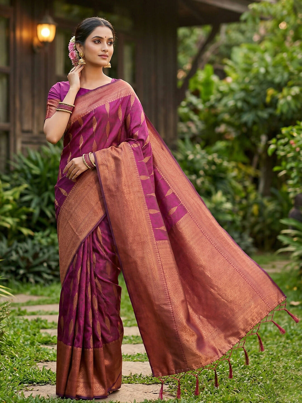 Purple silk blend saree with matching blouse piece draped elegantly