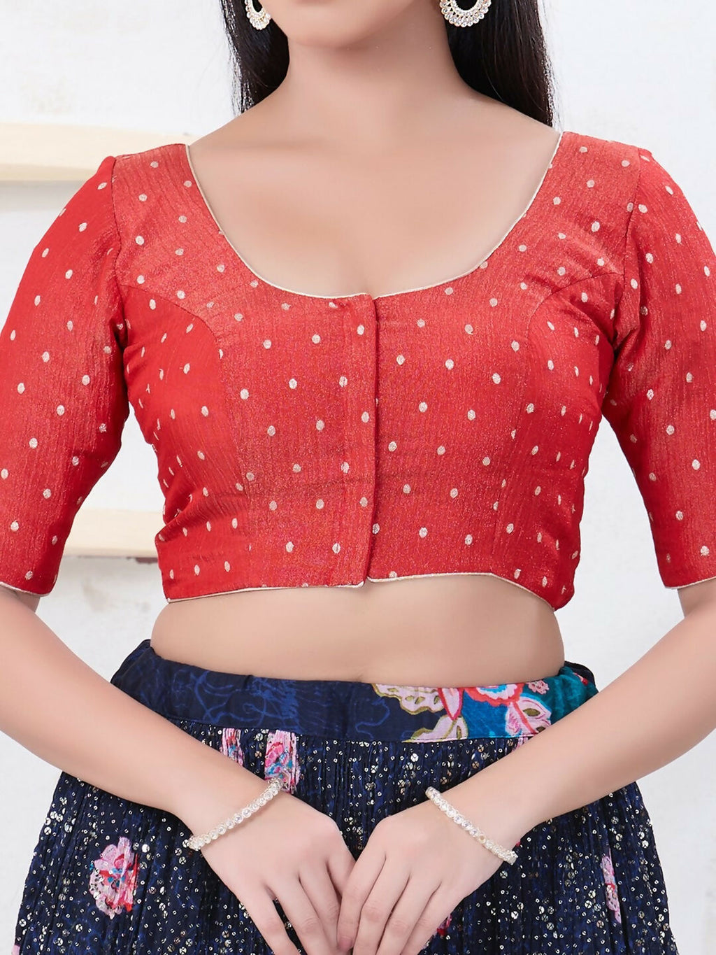 Pink Tissue Round Neck Elbow Sleeve Front Open Blouse