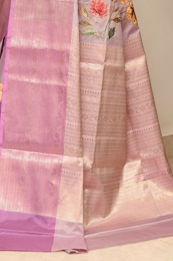 Lavender Banarasi Silk Saree with Mirror Work and Applique