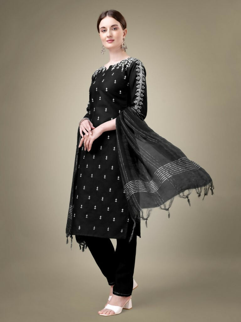 Women's Black Cotton Blend Straight Kurta Set with Sequence Detail