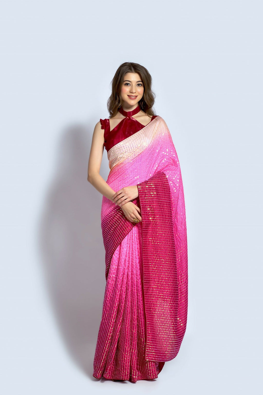 Pink Vichitra Silk embroidered party wear saree with matching blouse