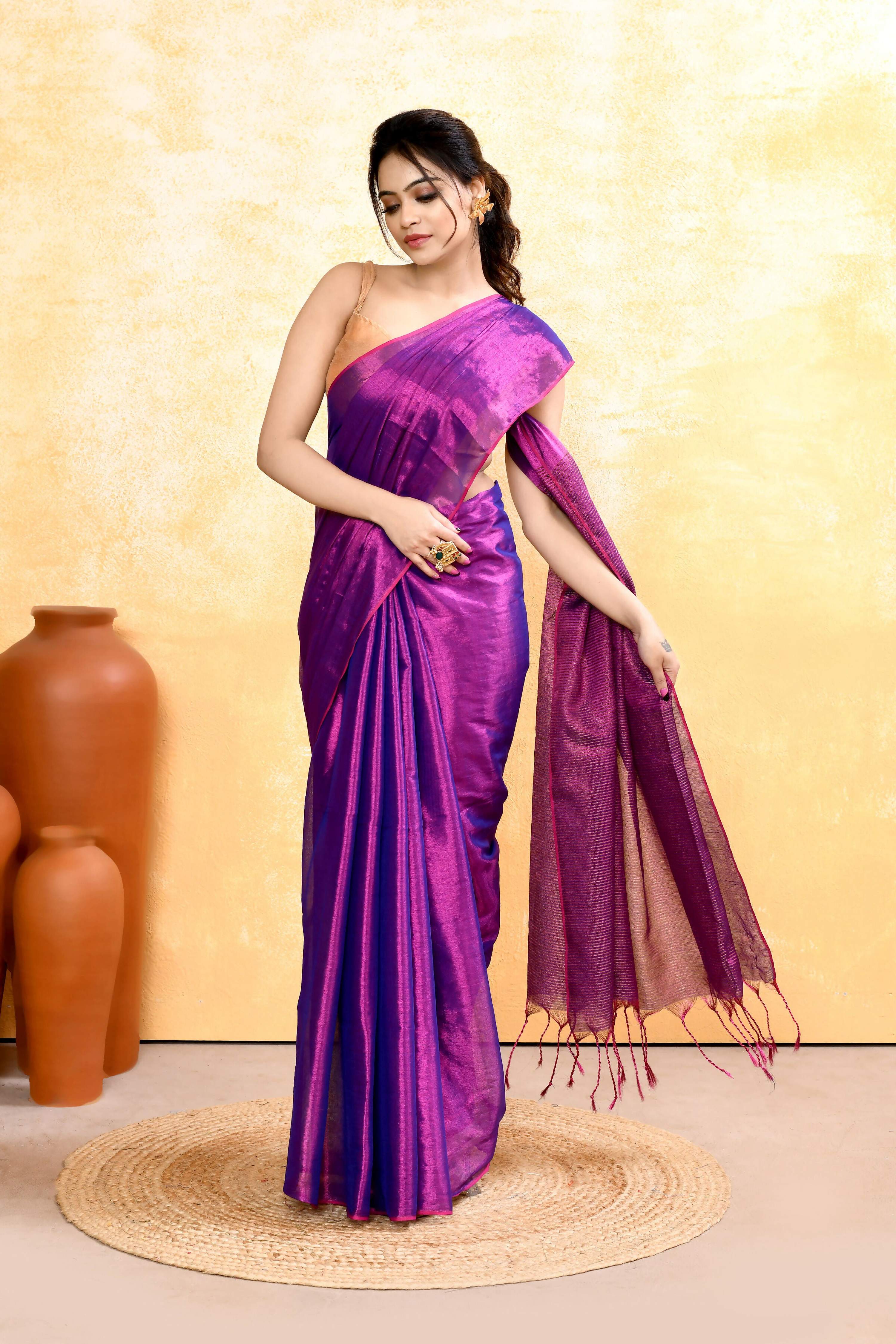 Violet Dual Tone Organic Tissue Saree with Matching Blouse Piece