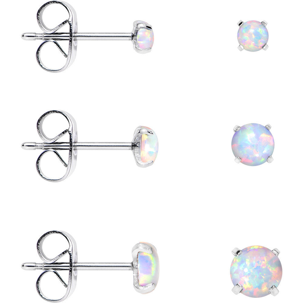 White Synthetic Opal Stud Earrings, Stainless Steel Post Set of 3