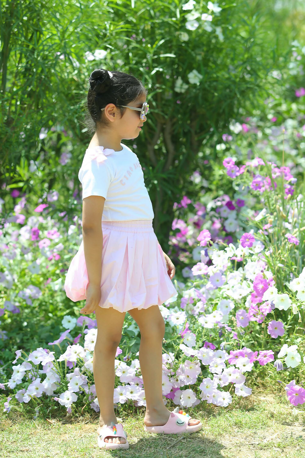 Girls Cotton Tee & Mini Skirt Set in White and Light Pink