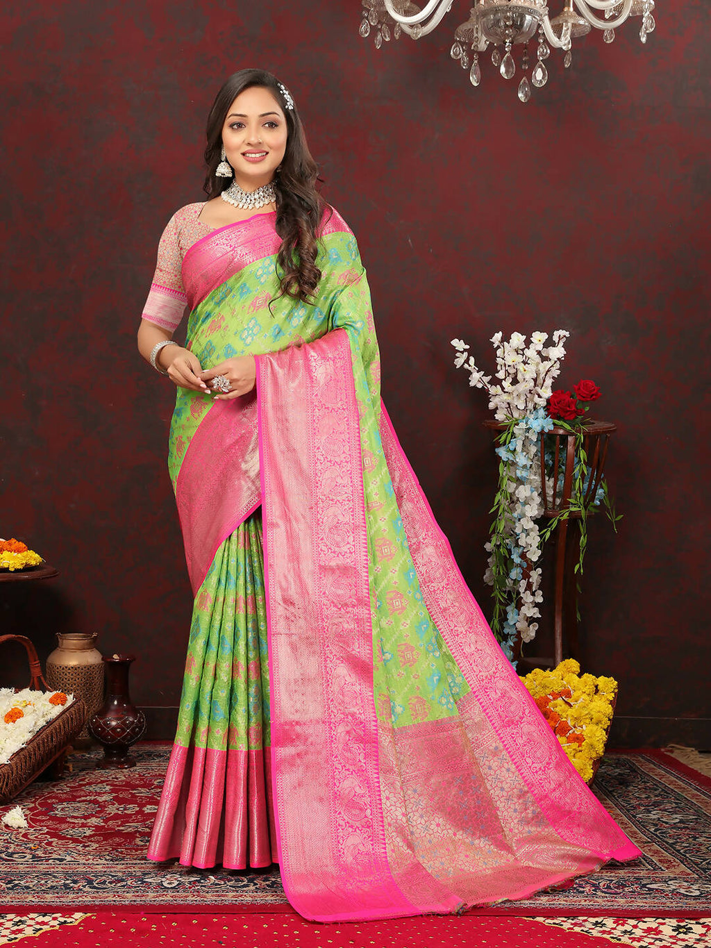 Green Cotton Saree with Zari Meenakari Weaving and Silk Blouse