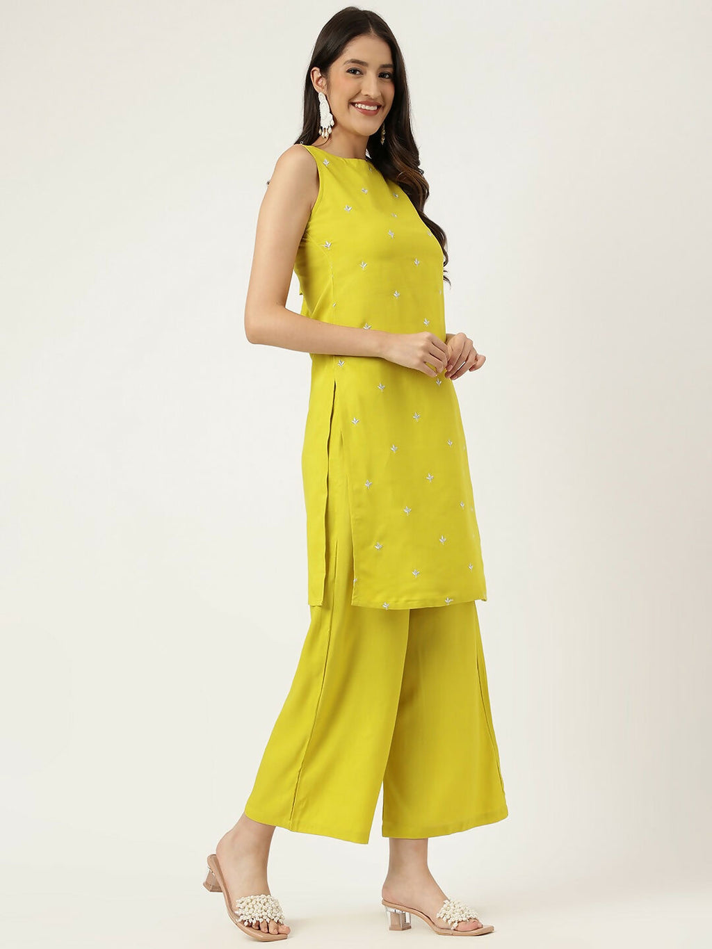 Mustard Rayon Embroidered Straight Kurta and Bottom Set