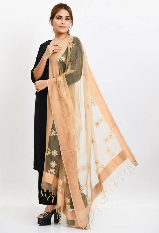 Golden Organza Dupatta with All-Over Chikan Embroidery