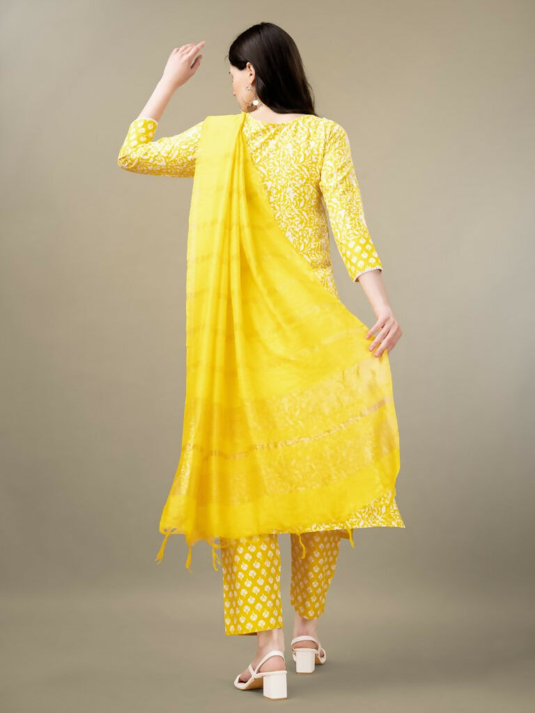 Women's Yellow Rayon Embroidered Straight Kurta with Trouser & Dupatta