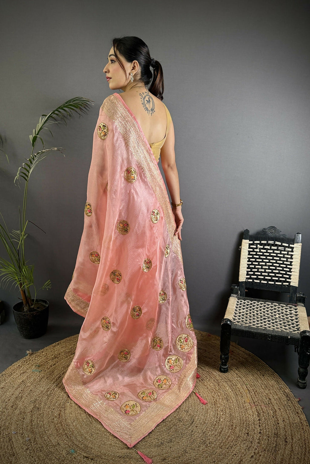 Joban Fashion Baby Pink Handloom Banarasi Organza Silk Khatali Butta Work Saree
