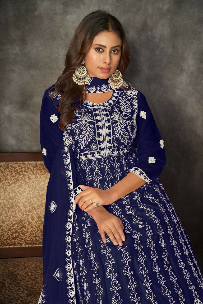 Women's Blue Net Embroidered Anarkali Kurta Pant Set with Dupatta
