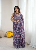 Lightweight lavender linen printed saree with matching blouse