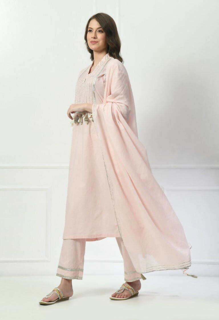 Cream Cotton Kurta Set with Organza Dupatta - 3 Piece Suit