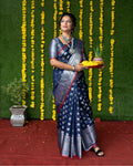 Navy blue soft handloom silk saree with detailed zari weaving and matching blouse fabric