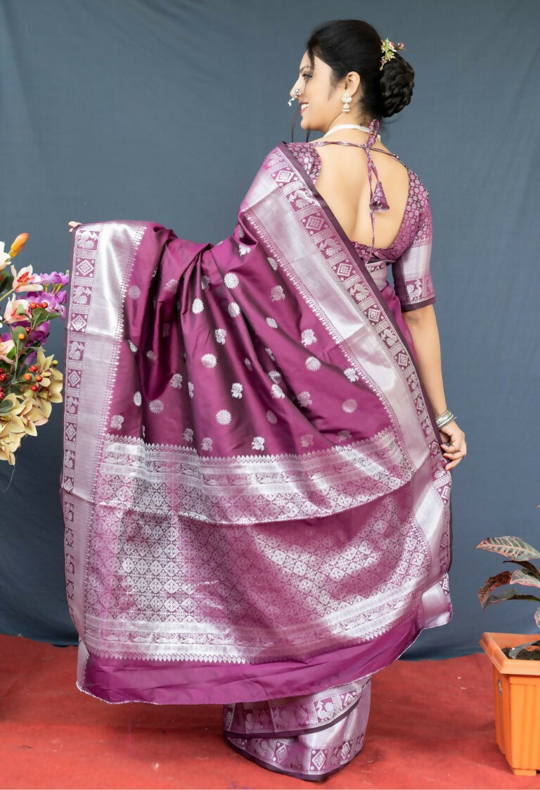 Wine Soft Banarasi Silk Saree with Zari Woven Detail and Blouse
