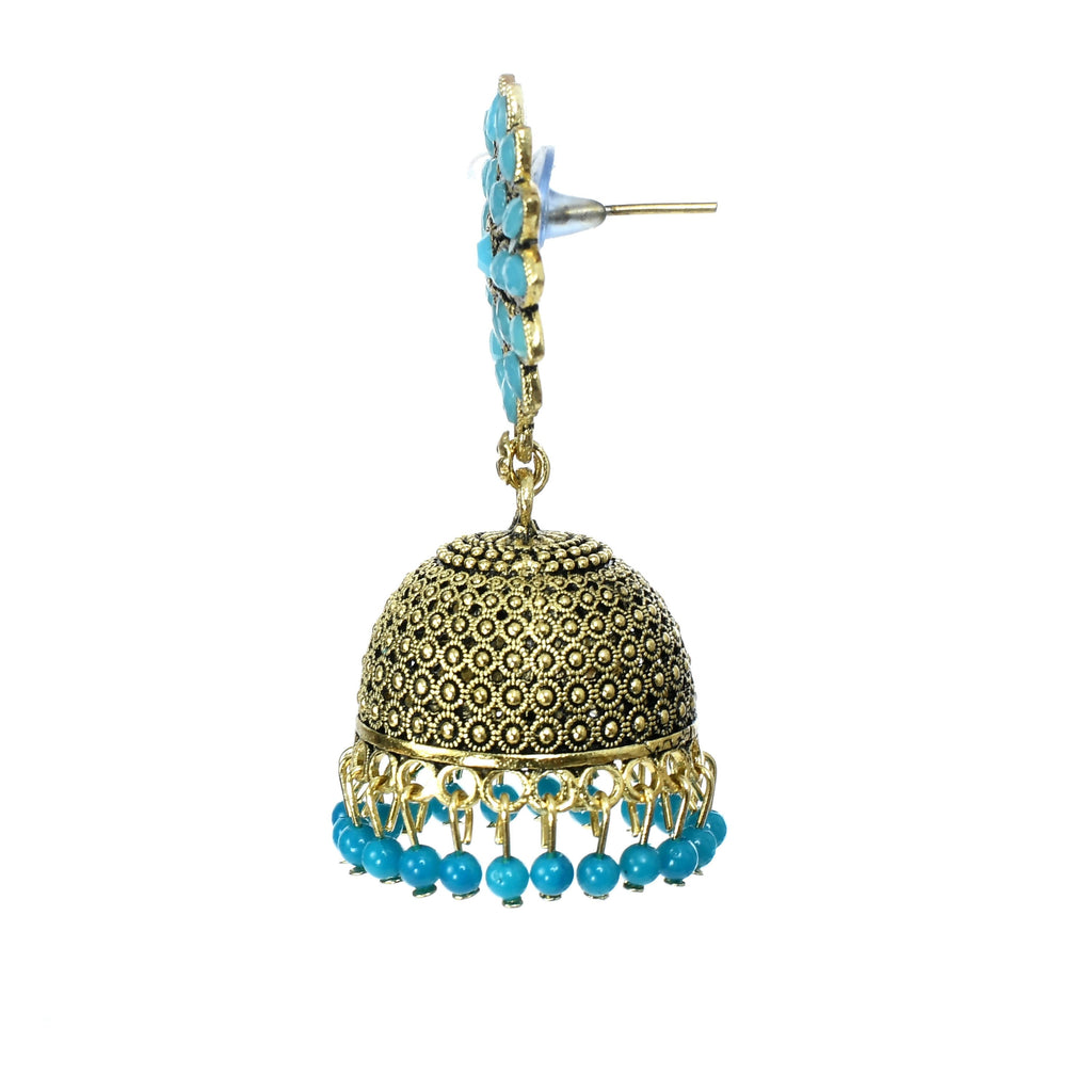 Johar Kamal Kundan Jhumka Earrings with Sky Blue Beads