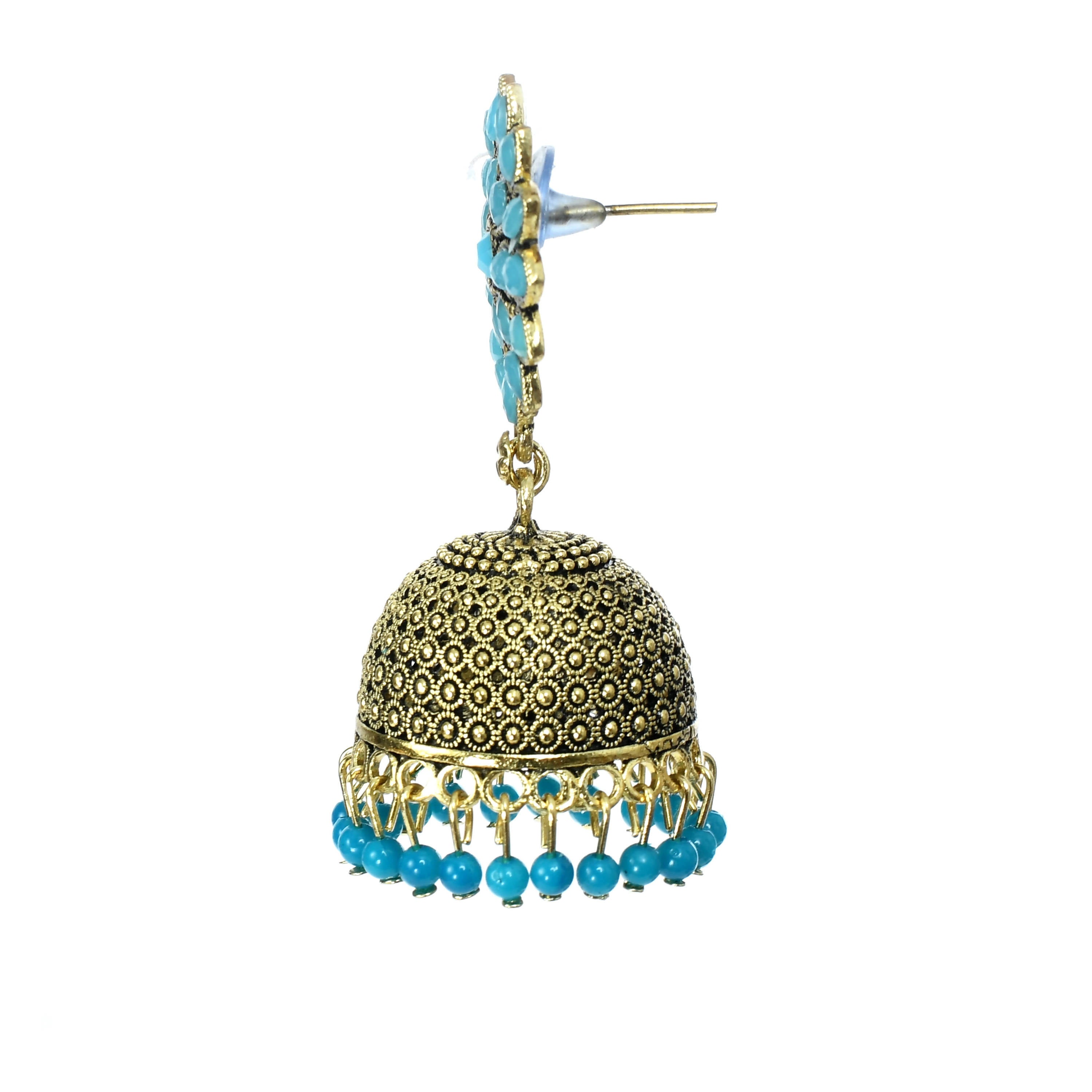 Johar Kamal Kundan Jhumka Earrings with Sky Blue Beads