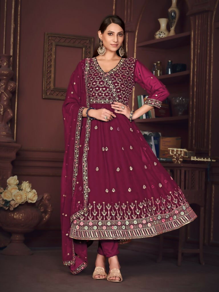 Rani Pink georgette floor-length Anarkali suit set with heavy embroidery