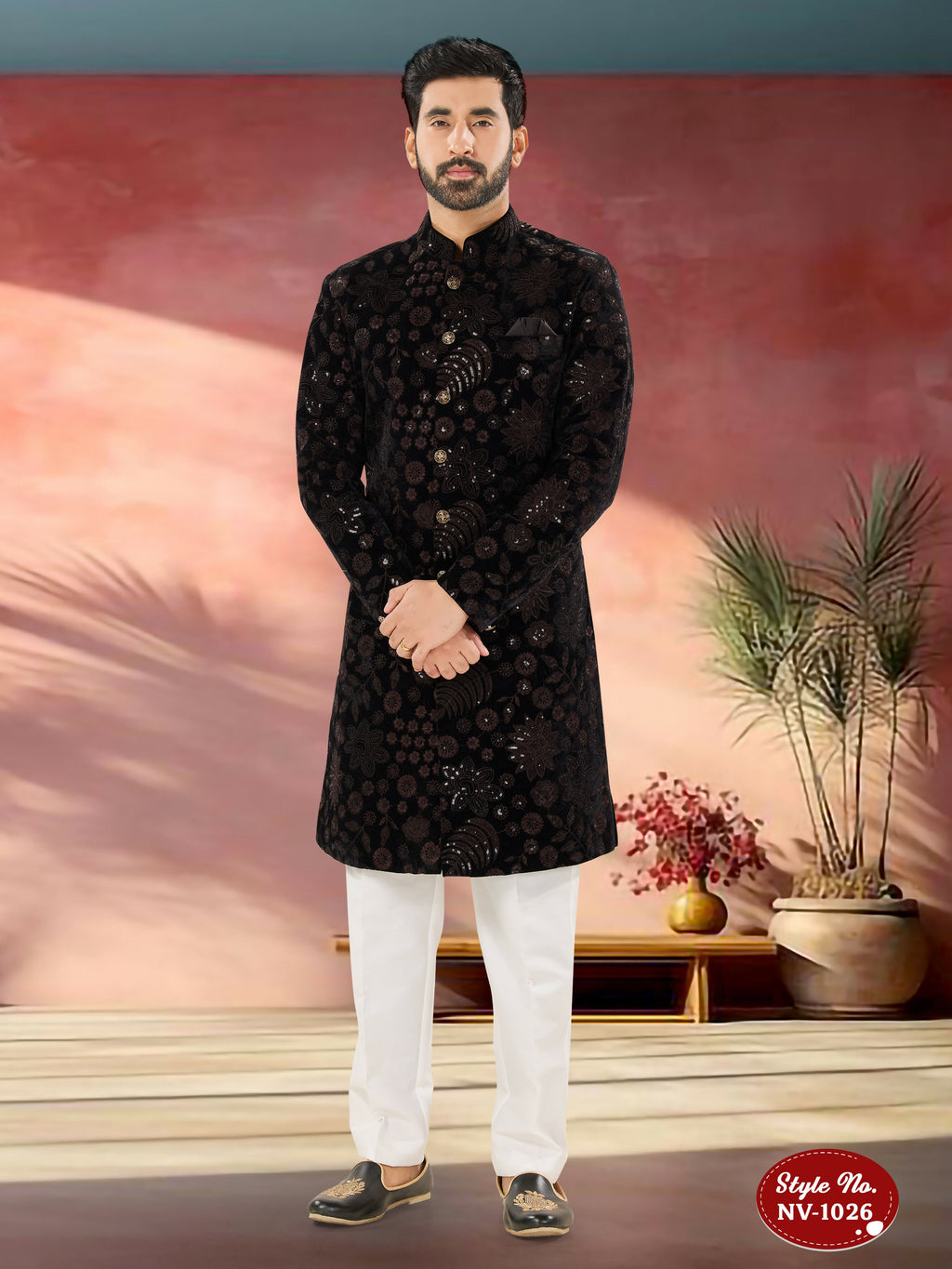 Men's black and brown velvet kurta set with all-over thread and sequence embroidery