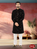 Men's black and brown velvet kurta set with all-over thread and sequence embroidery