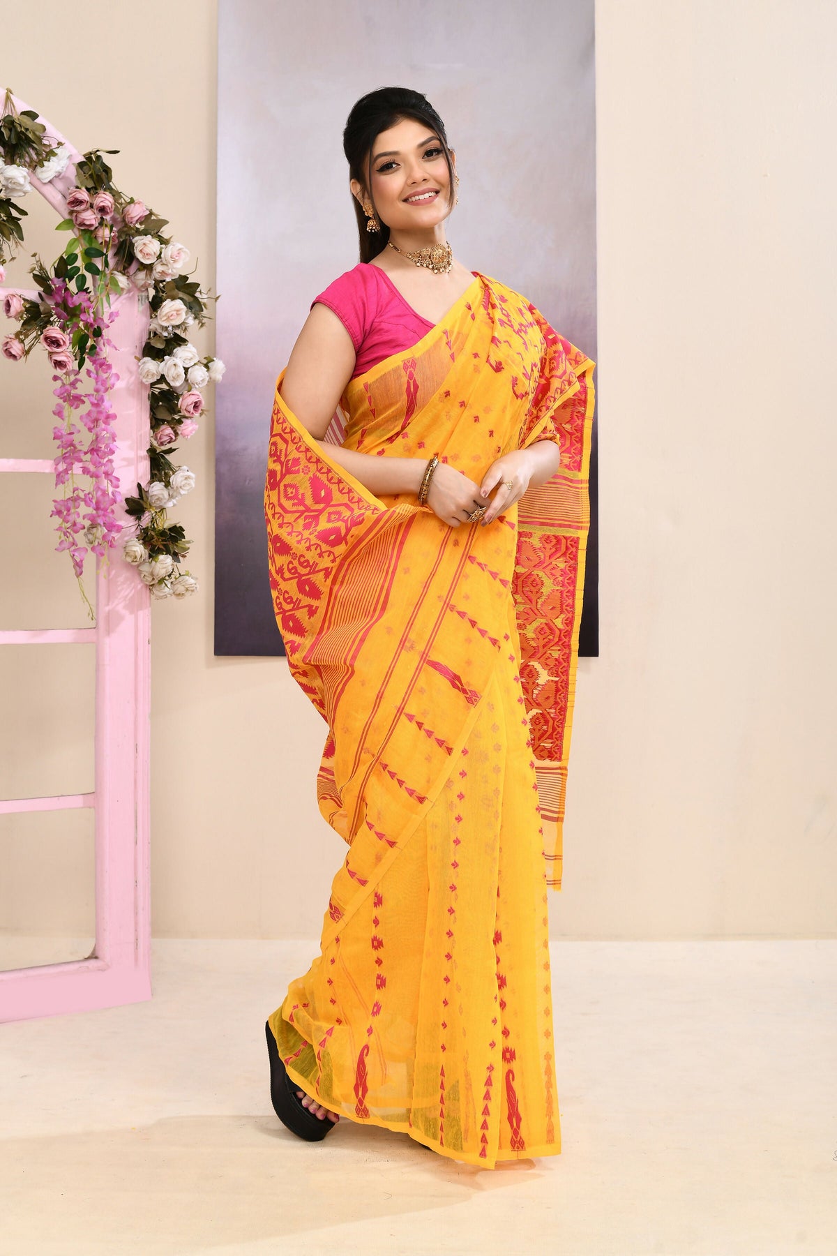 Yellow Embellished Cotton Blend Jamdani Saree for Women