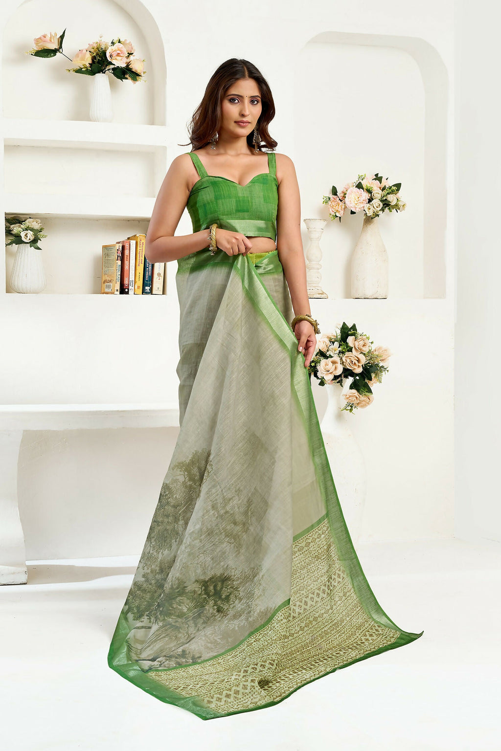 Green Floral & Ethnic Print Linen Ready To Wear Saree with Blouse