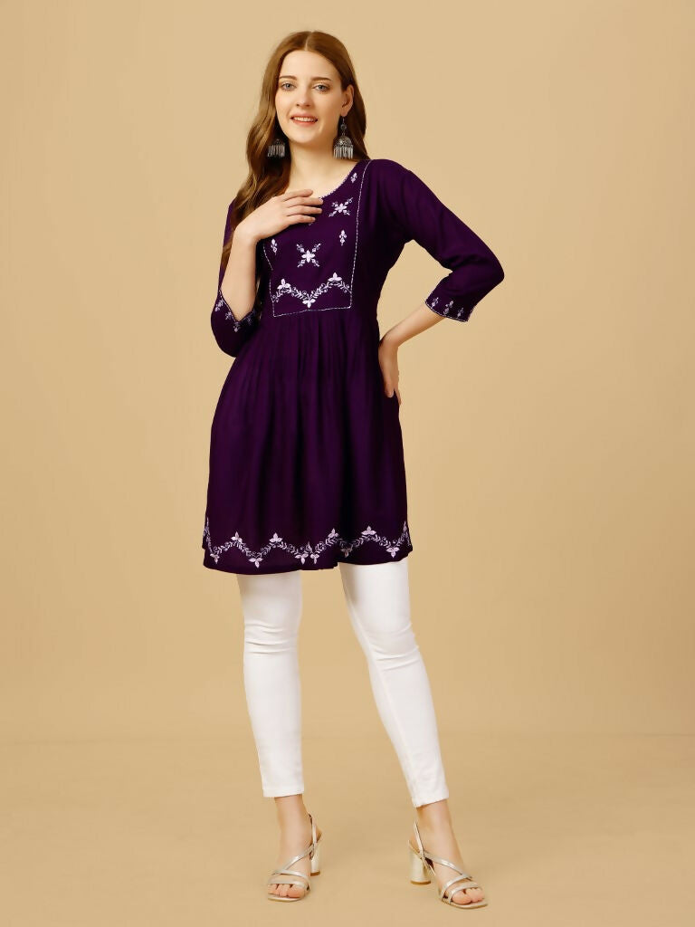Women's Purple Viscose Rayon Embroidered Casual Top