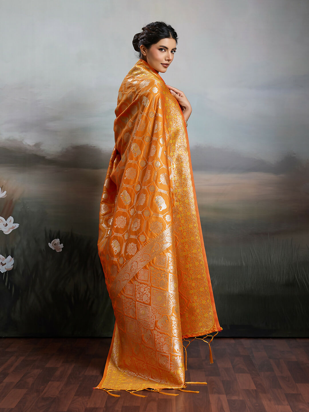 Orange Silk Blend Saree with Matching Blouse Piece