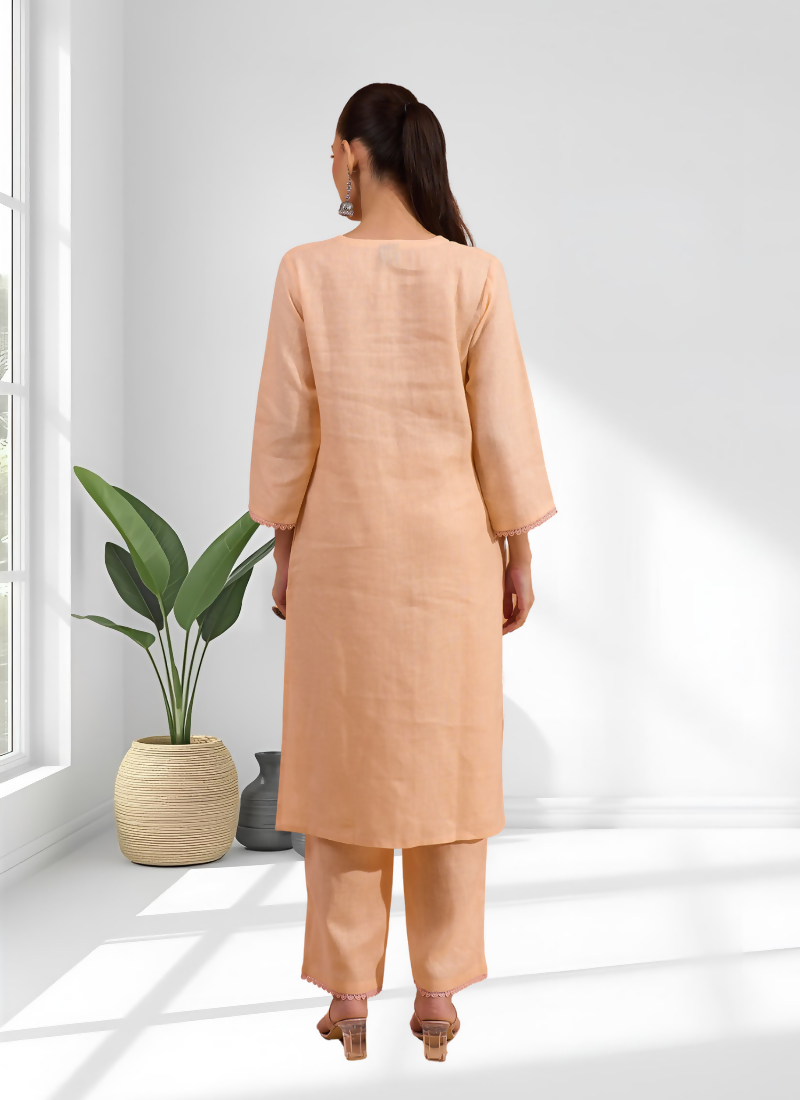 Coral Linen Embroidered V-Neck Long Kurta Set with Pant