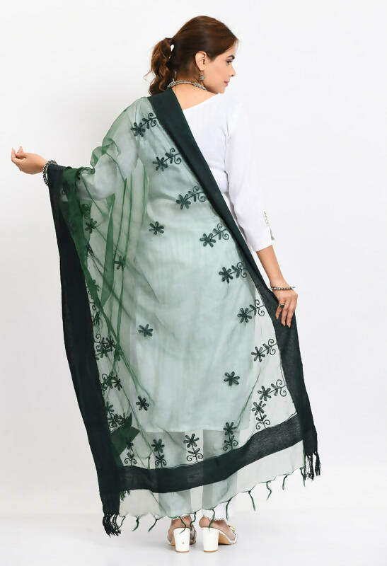 Bottle Green Organza All Over Chikan Work Floral Dupatta