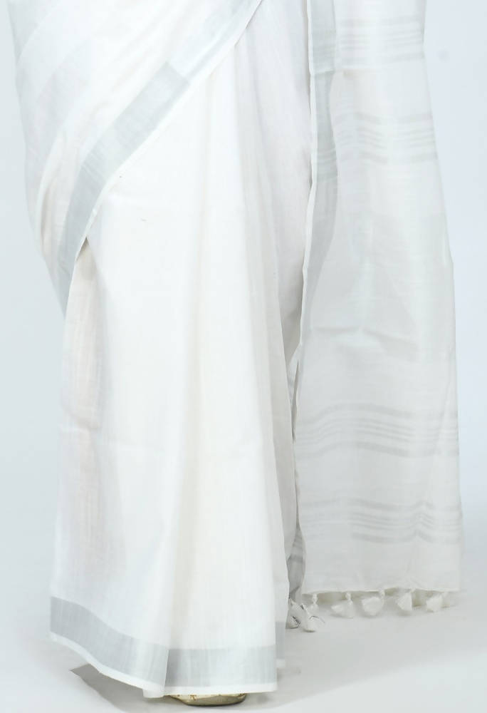 White Bhagalpuri Handloom Cotton Saree with Matching Blouse