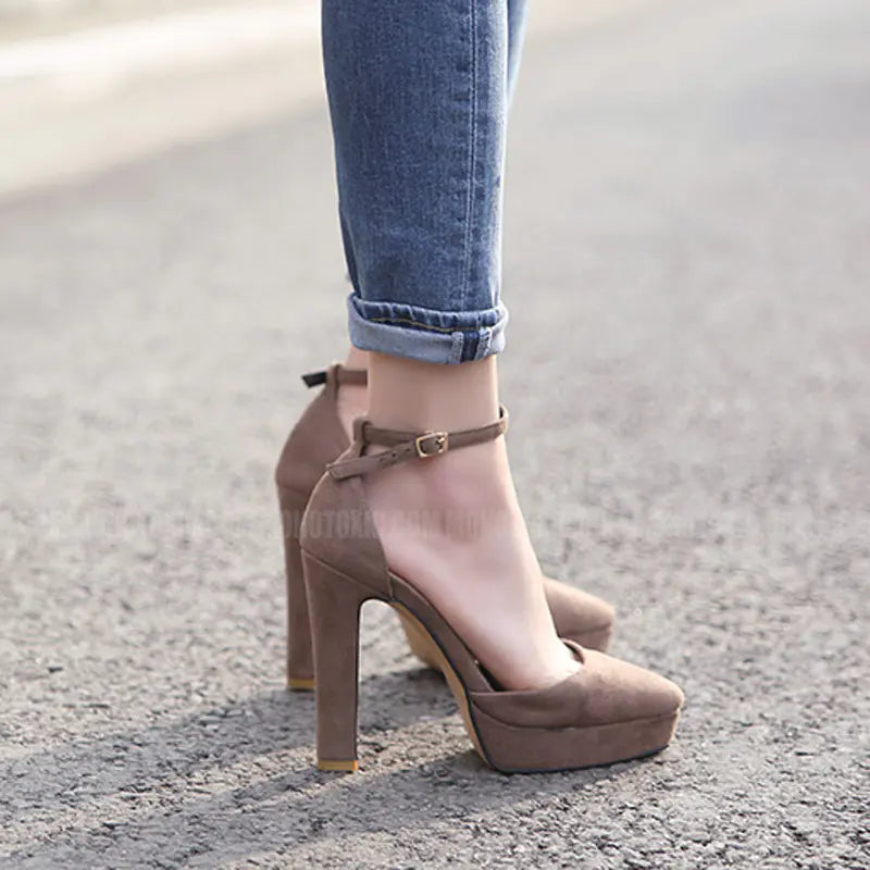 Women's Wine Suede Chunky Heels with Ankle Strap - Image 6