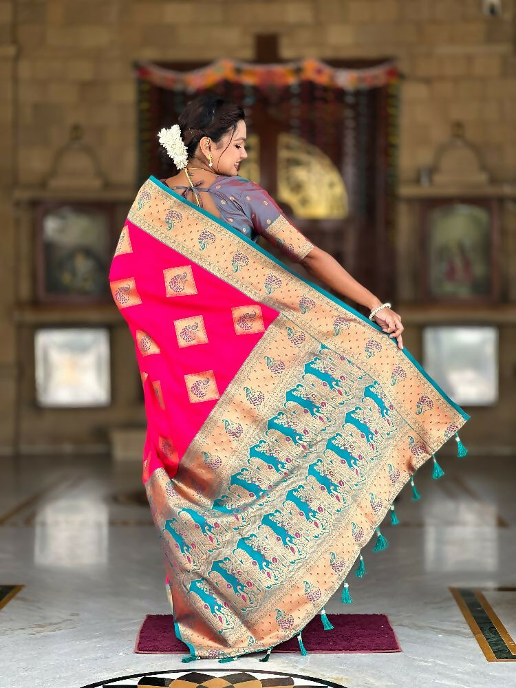 Rani Pink Soft Banarasi Silk Saree with Zari Meenakari Design