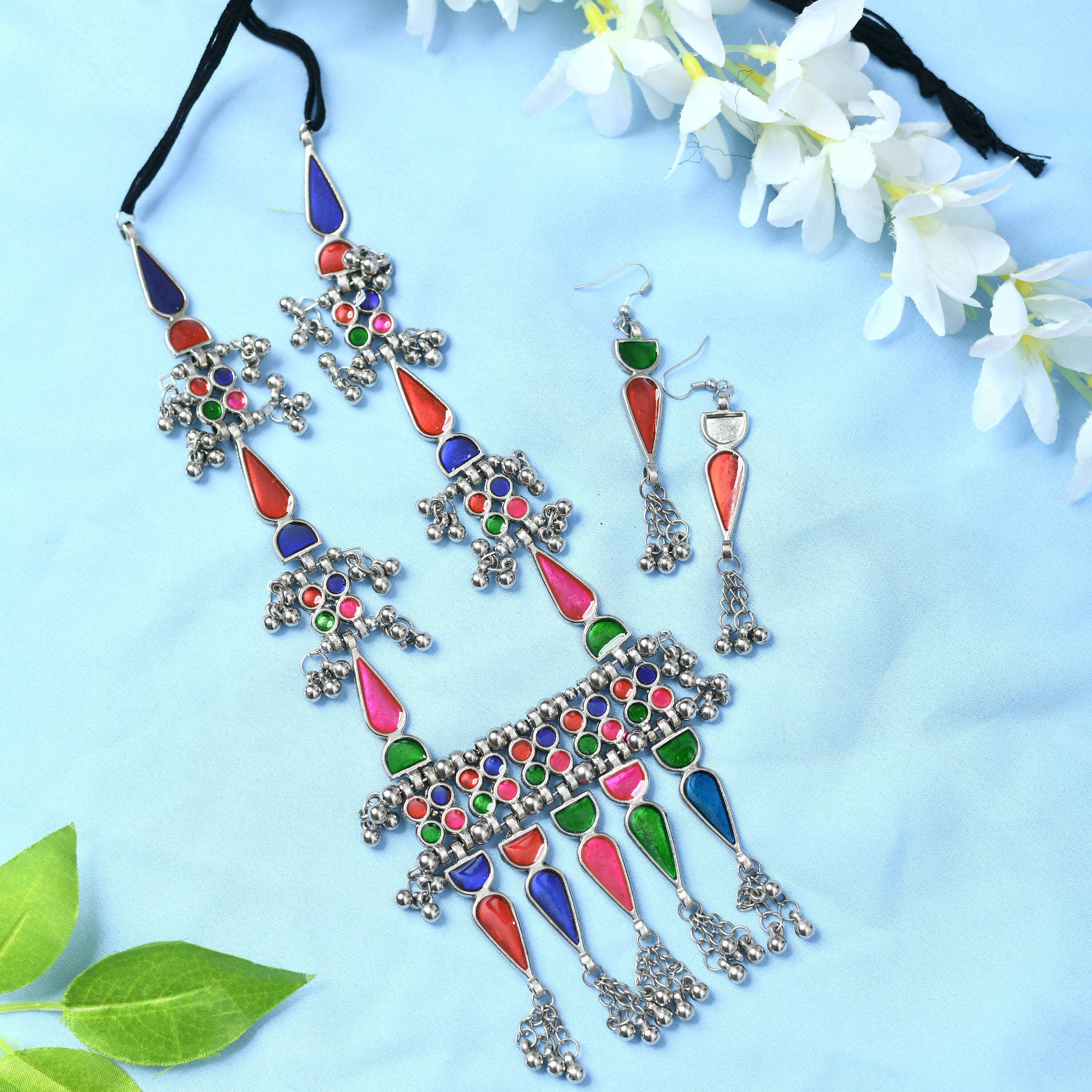 Oxidised Silver-Plated Multi-Color Meenakari Long Necklace