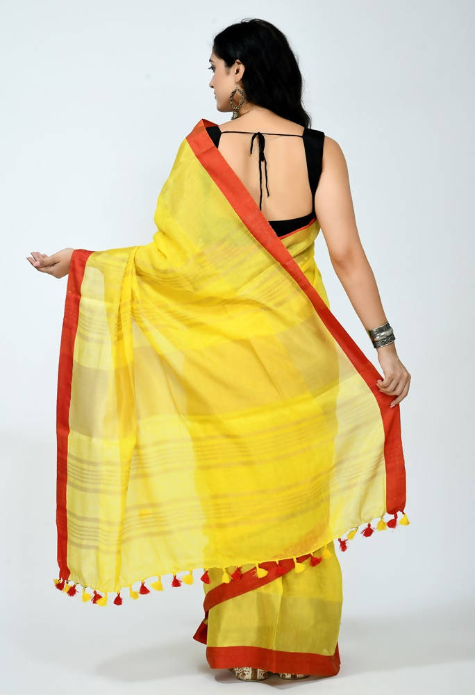 Pure Linen Yellow Saree with Contrasting Red Blouse Piece