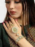 Close up of a Lime Green Meena Work Kundan Hathphool on a hand