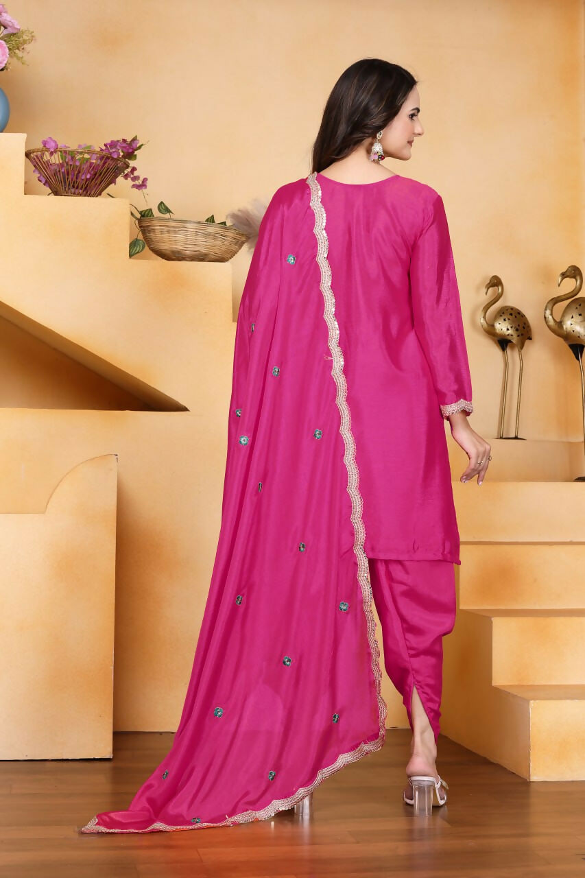 Pink Silk Embroidered Kurti with Dhoti Pant Set for Women
