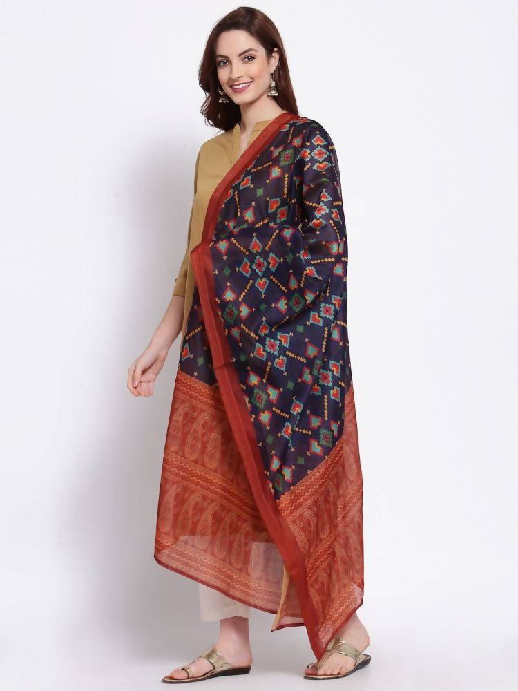 Women's Printed Cotton Silk Dupatta in Navy Blue and Rust Orange