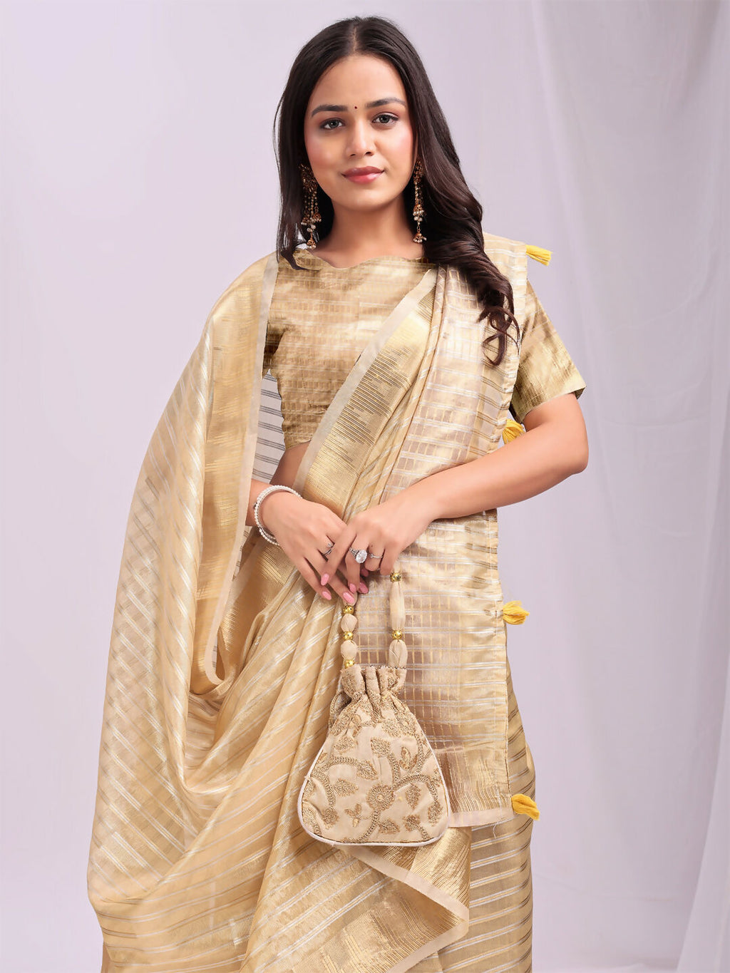 Gold Organza Saree with Matching Blouse Fabric