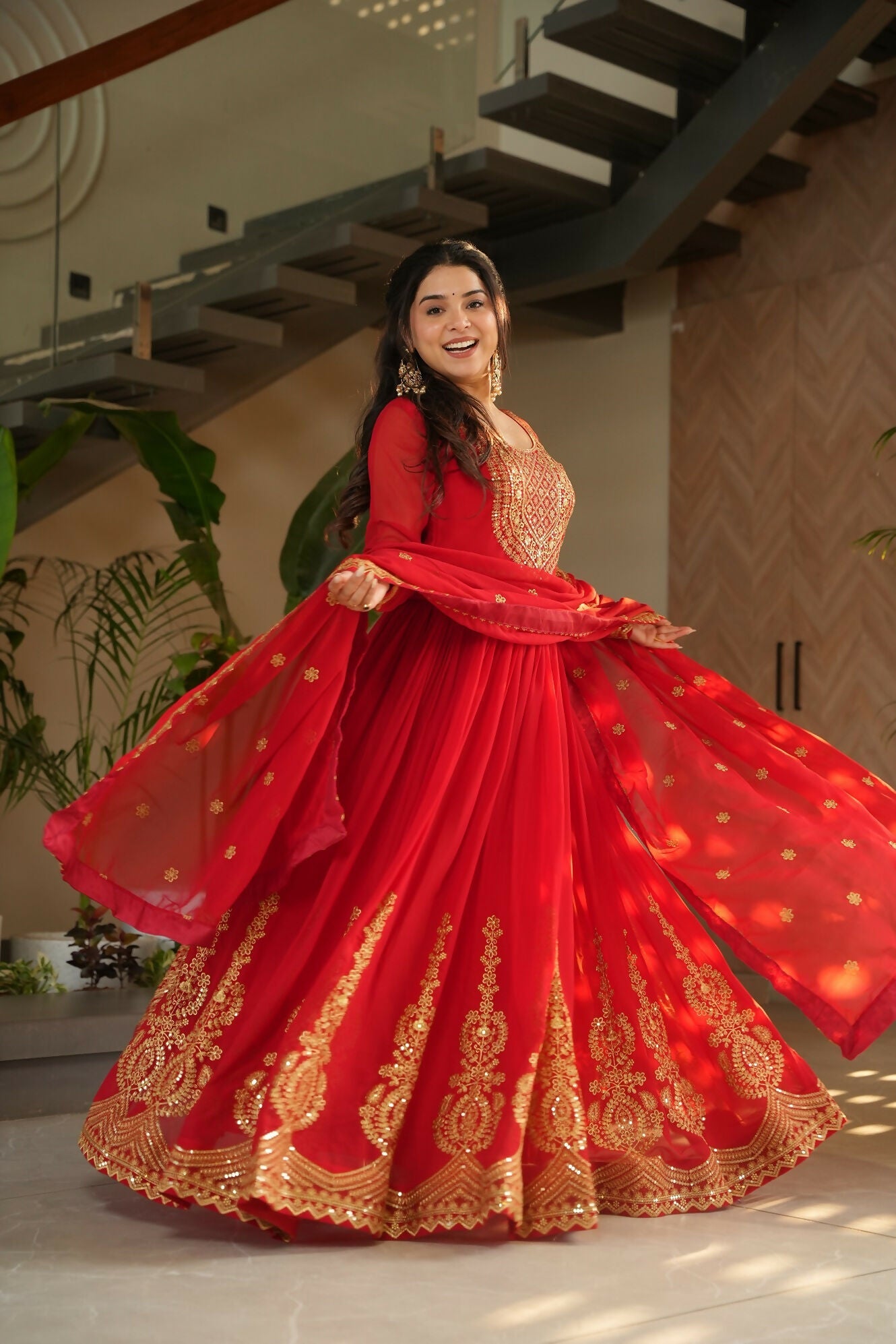 Joban Fashion Red Georgette Sequence Embroidery Work Kurta Set