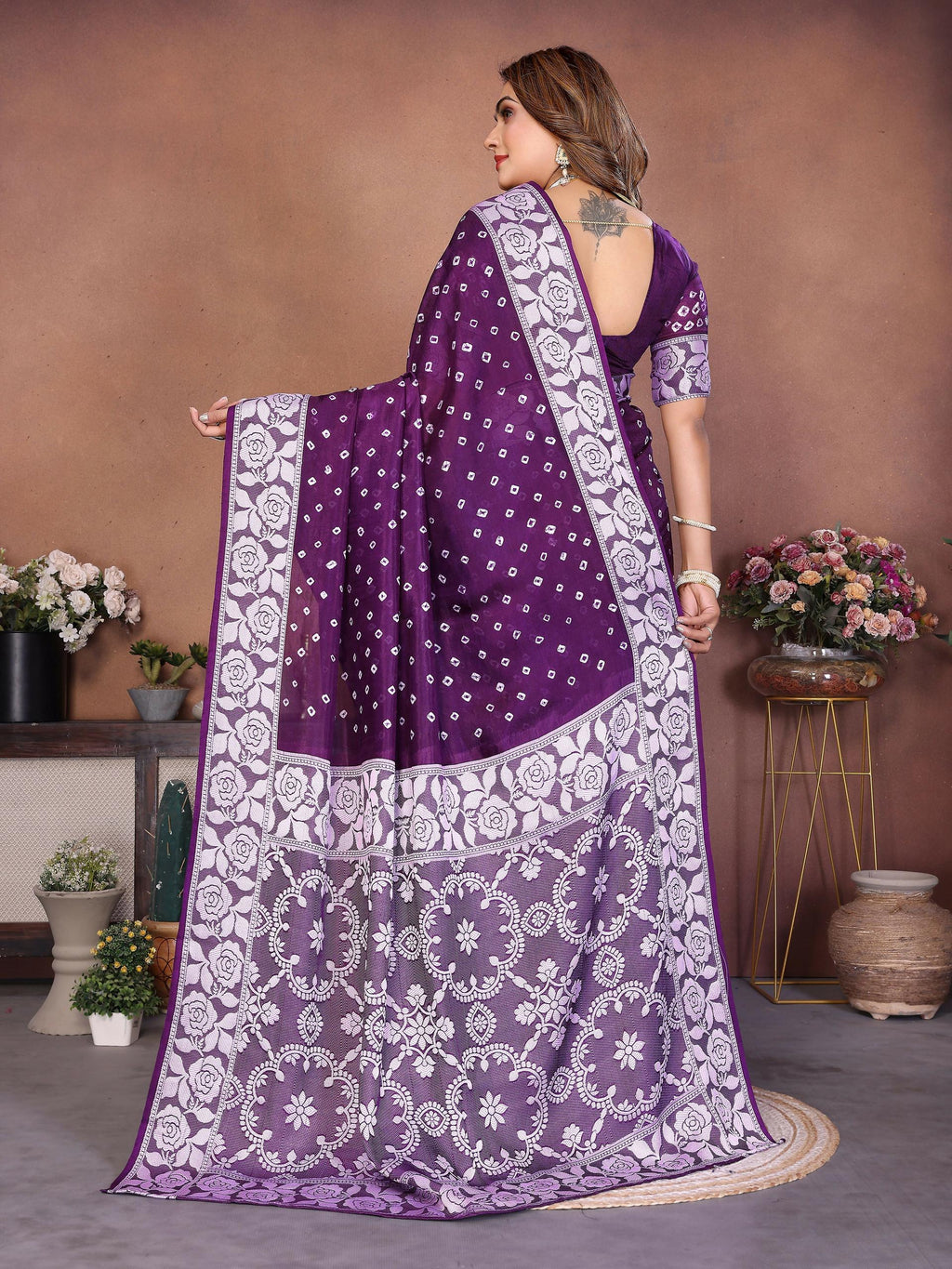 Purple Viscose Silk Handmade Original Bandhej Saree