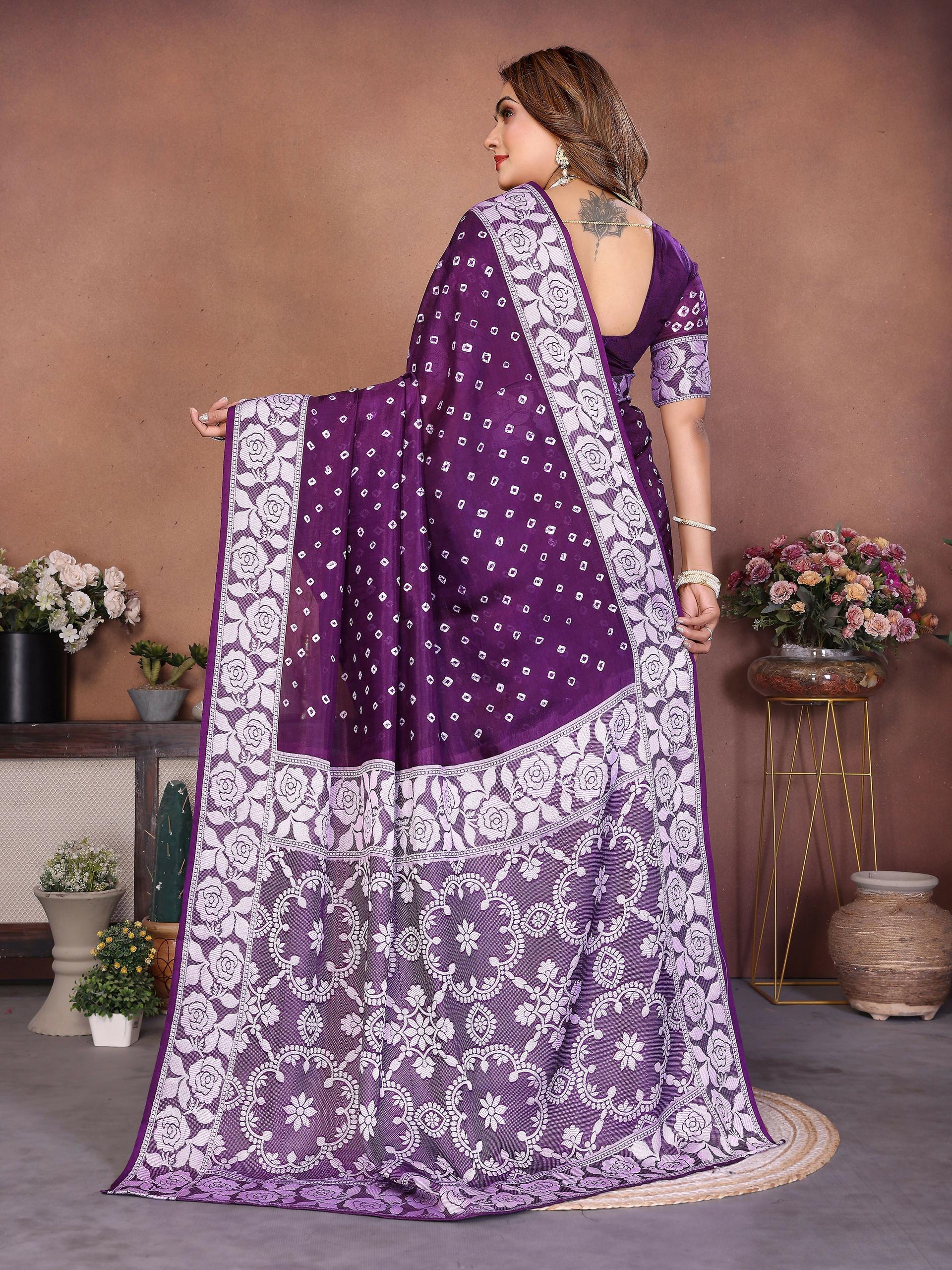 Purple Viscose Silk Handmade Original Bandhej Saree