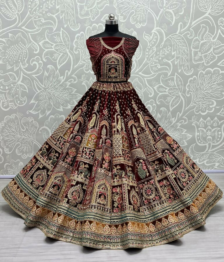 Maroon Velvet Lehenga Choli with Dori, Sequins & Diamond Work