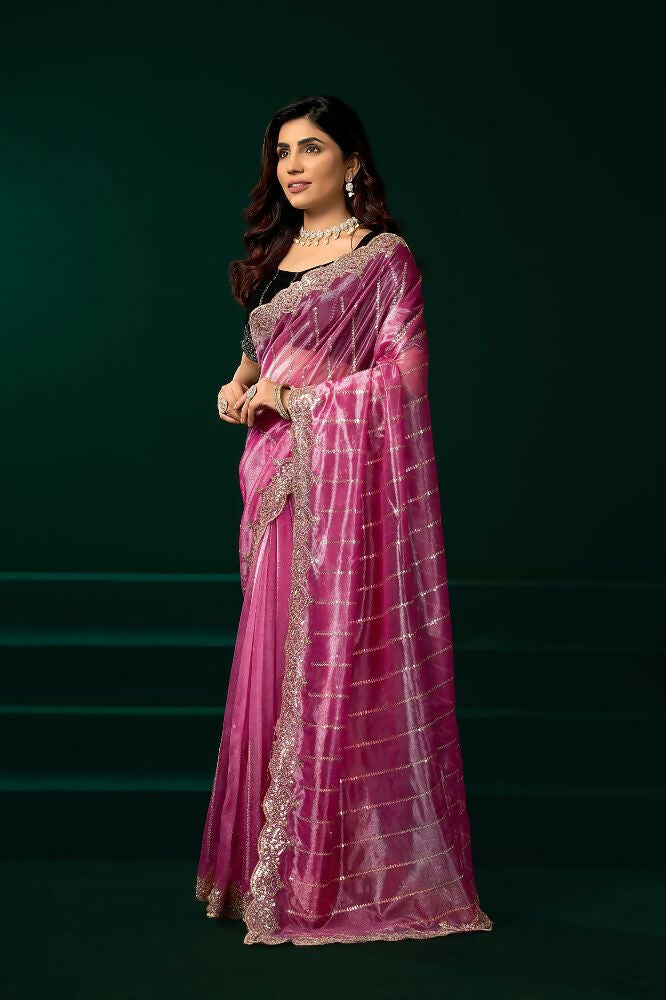 Pink Net Saree with Black Velvet Blouse for Party Wear
