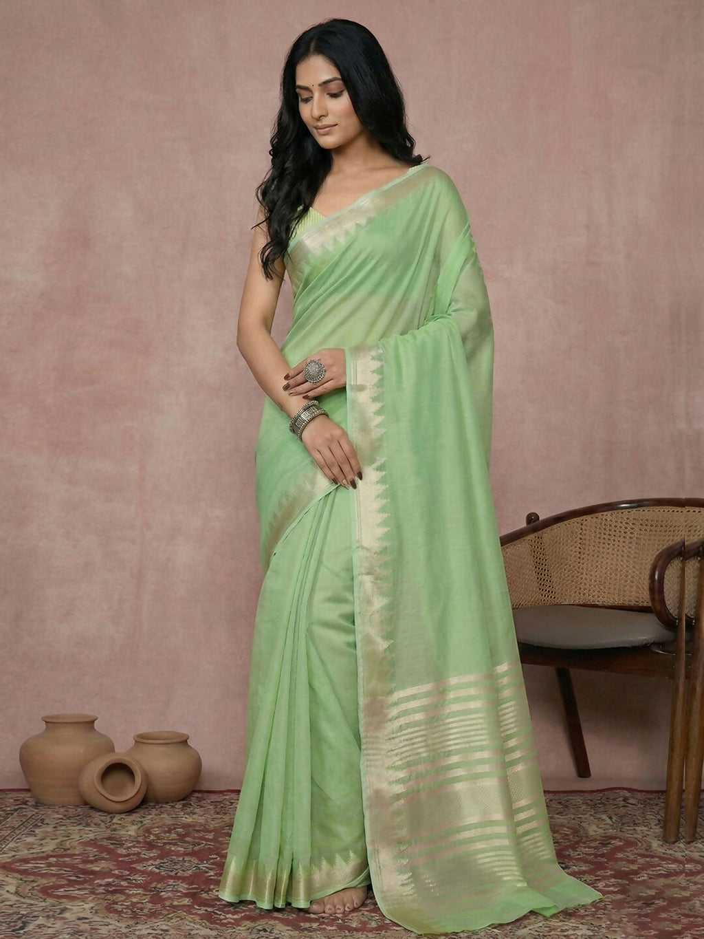 Light Green Cotton Saree with Matching Blouse Piece