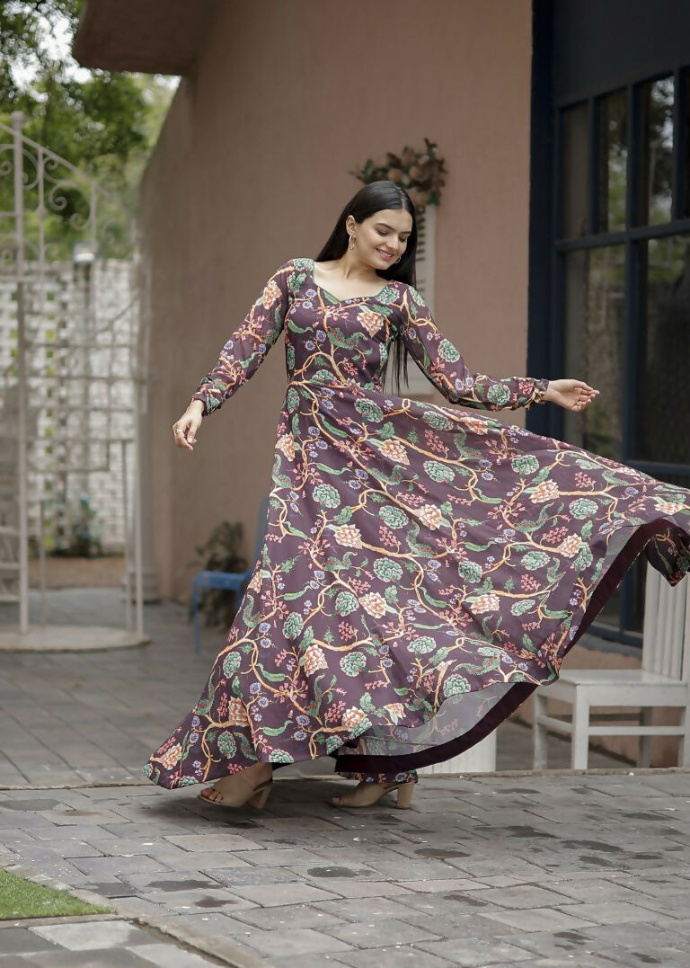 Coffee Faux Georgette Floral Digital Printed Anarkali Dress