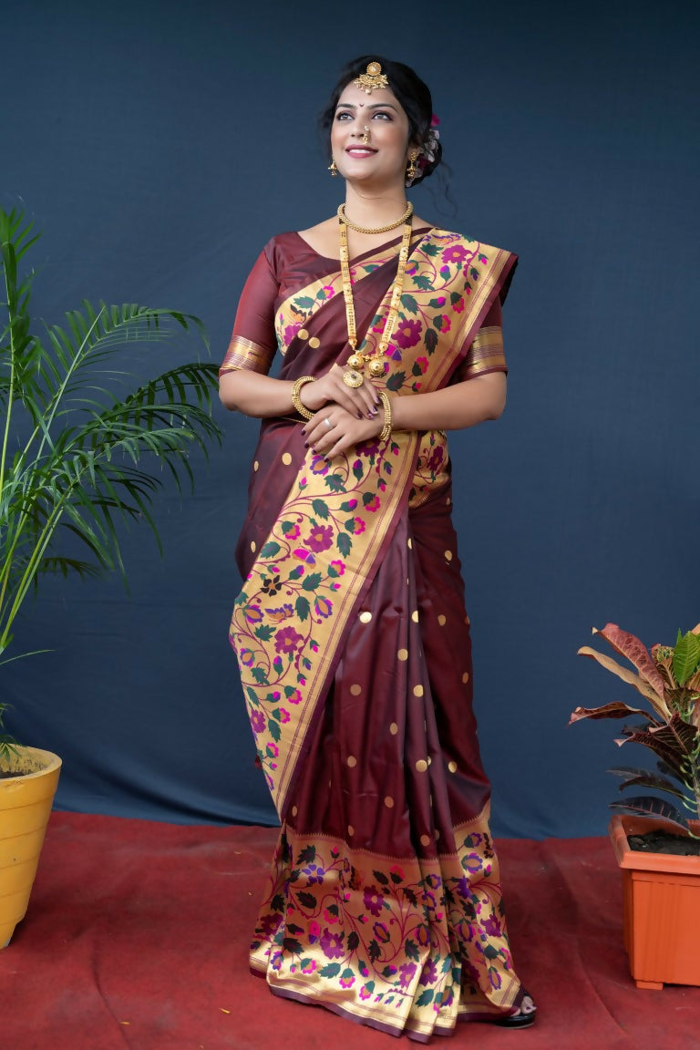 Elegant Brown Paithani Silk saree with gold Zari weaving and matching blouse